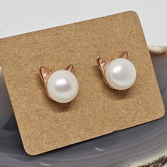 925 Sterling Silver Vermeil Button Pearl Pierced Cat Earrings Studs Rose Gold - Picture 6 of 12